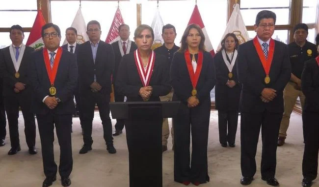 National Prsoceutor of Peru Patricia Benavides (center) with other members of the Peruvian judiciary, advocating for ousting President Pedro Castillo.